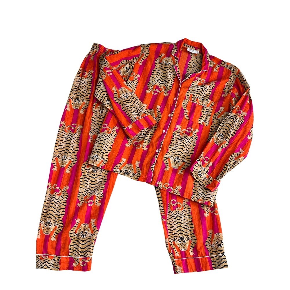 Soothe Our Souls Pajama Set Large Orange Pink Tiger Print Cotton Long Sleeve